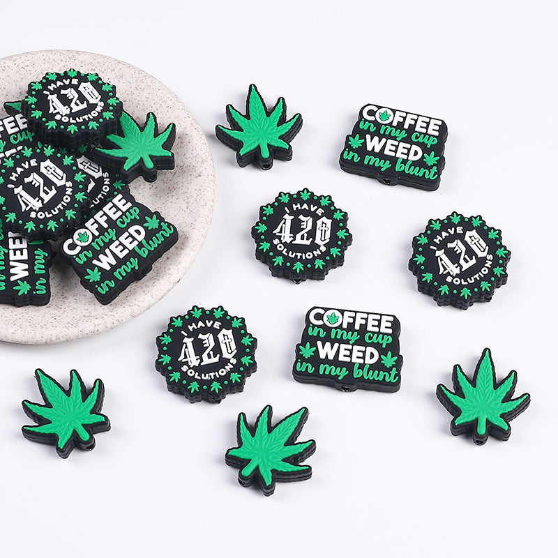 Cartoon Green Maple Leaf Letters Pattern Silicone Beads-10PCS