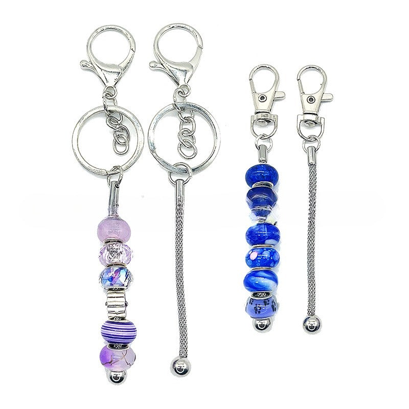 Creative DIY Beaded Metal Stainless Steel Round Mesh Chain Keychain-2PCS