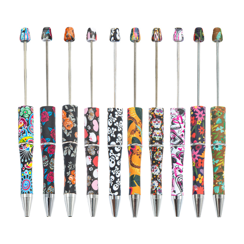 Creative Beadable Pens Skull Flower Print Plastic Pen DIY for Beaded-2PCS