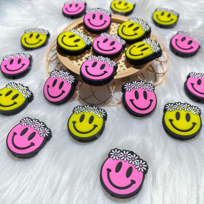 2D smiley face flower silicone cartoon beads-10PCS