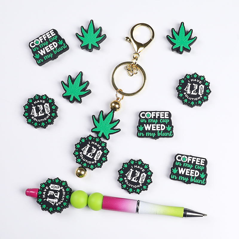Cartoon Green Maple Leaf Letters Pattern Silicone Beads-10PCS