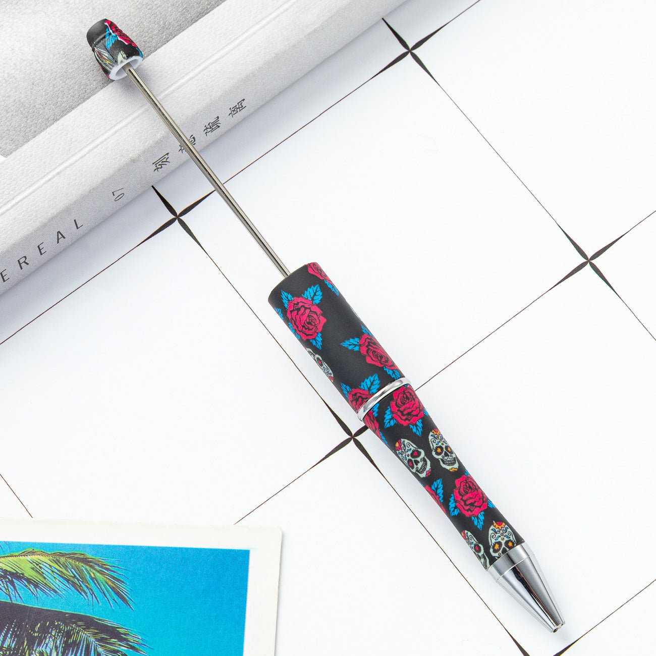 Creative Beadable Pens Skull Flower Print Plastic Pen DIY for Beaded-2PCS