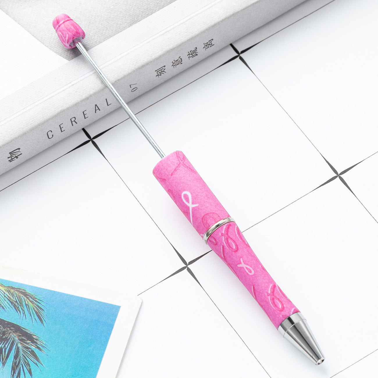 Beadable Pens Pink Ribbons Print Plastic Pen -5PCS