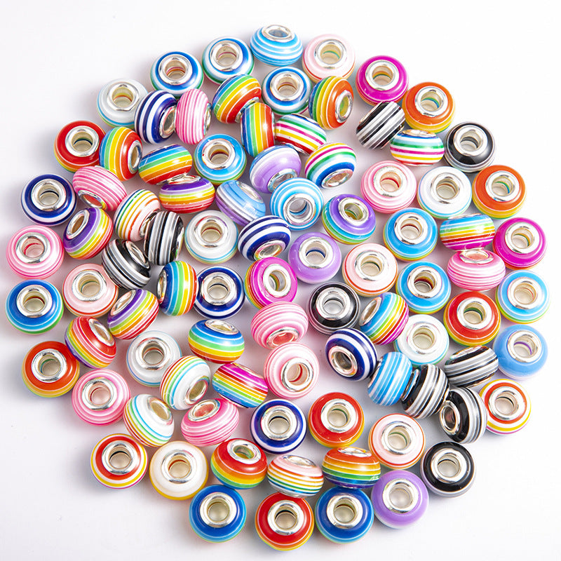 14mm Rainbow Stripe Large Hole Resin Beads-100PCS