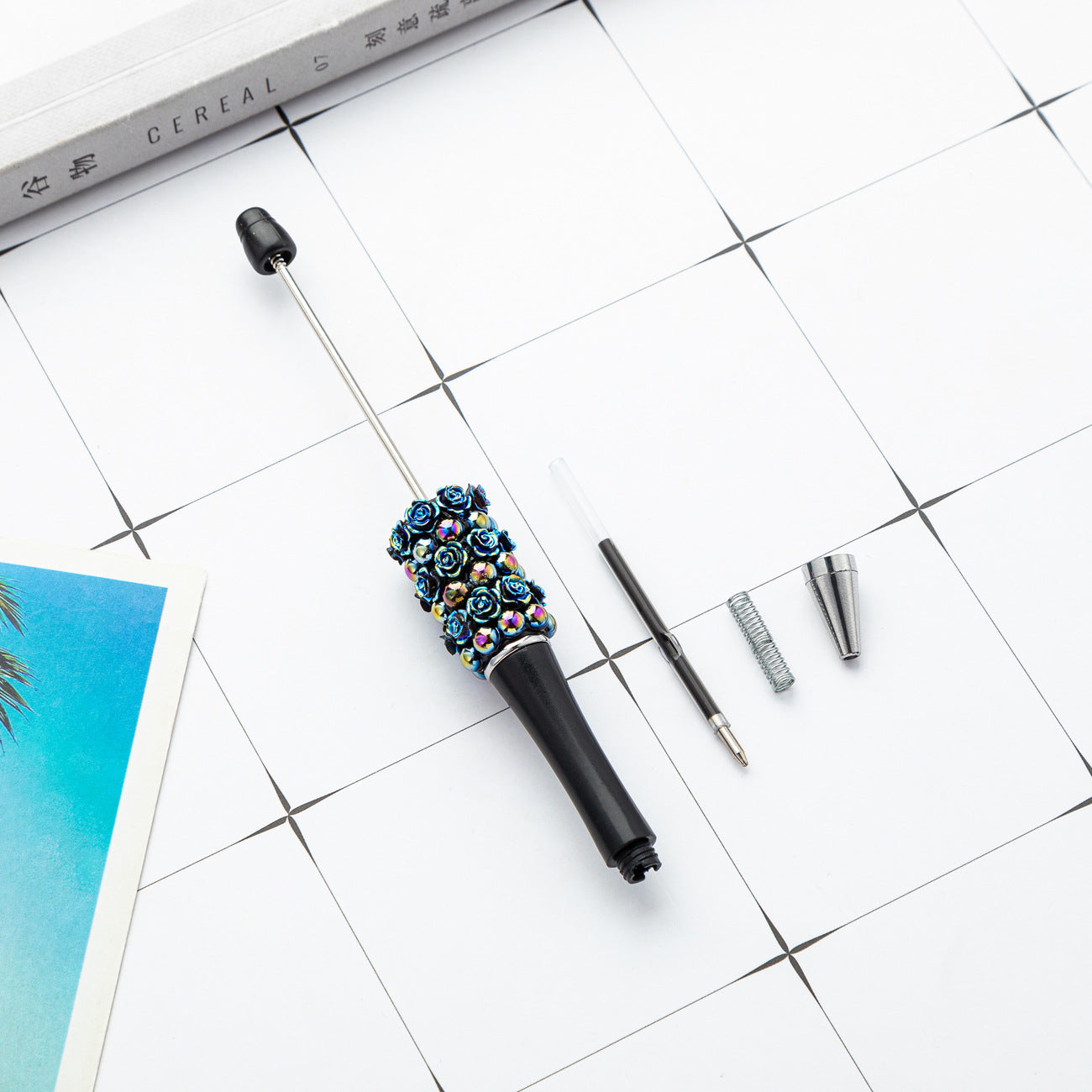 Creative Beadable Pens Rose Flower Handmade Stickers Multi-color Rotating Ballpoint Pens-1PCS