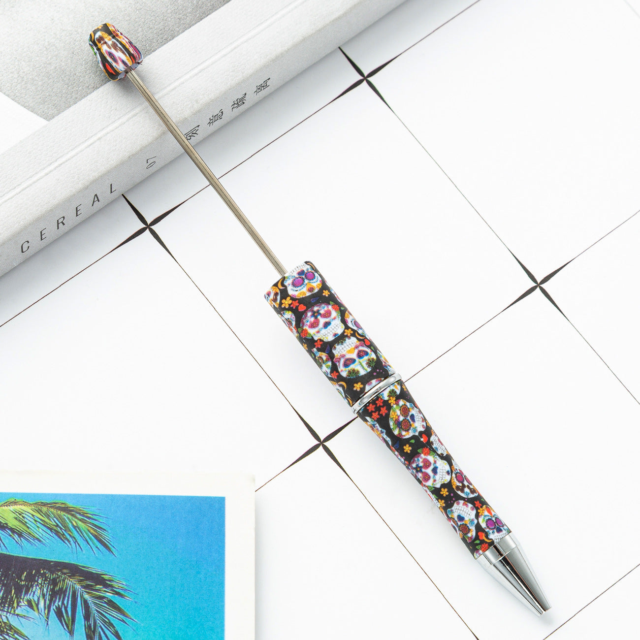 Creative Beadable Pens Skull Flower Print Plastic Pen DIY for Beaded-2PCS