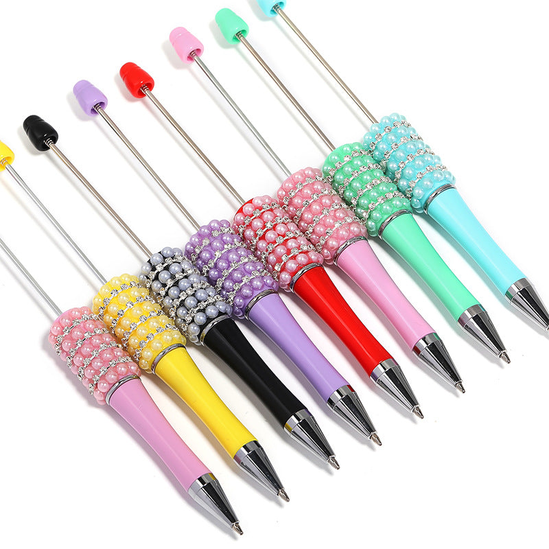 Creative Beadable Pen with Multicolor Pearls and Rhinestone Chains Plastic Rotating Ballpoint Pen-5PCS