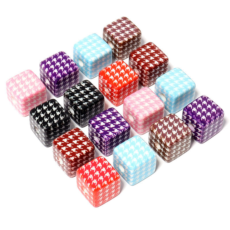 Creative 14mm Acrylic Houndstooth Printing Square Beads-25PCS