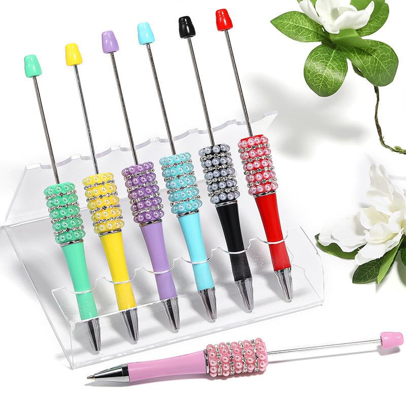 Creative Beadable Pen with Multicolor Pearls and Rhinestone Chains Plastic Rotating Ballpoint Pen-5PCS