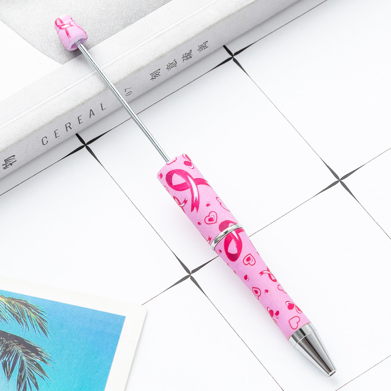Beadable Pens Pink Ribbons Print Plastic Pen -5PCS