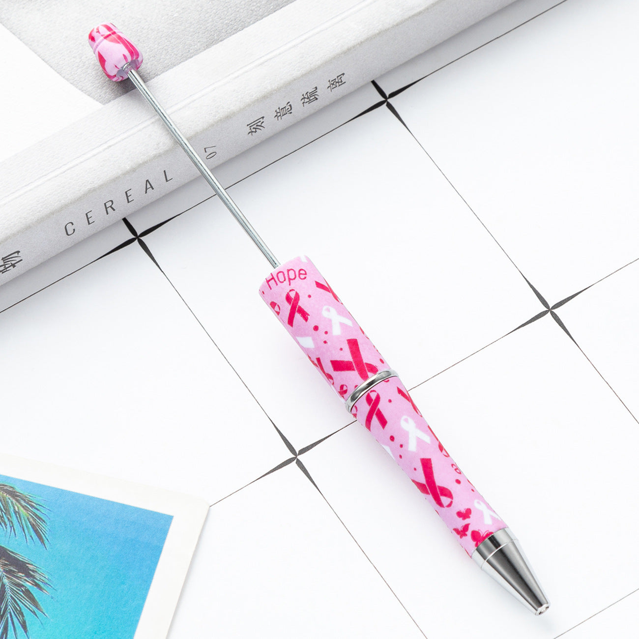 Beadable Pens Pink Ribbons Print Plastic Pen -5PCS
