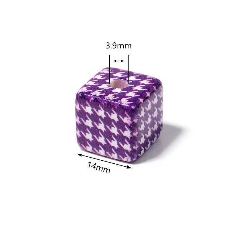 Creative 14mm Acrylic Houndstooth Printing Square Beads-25PCS