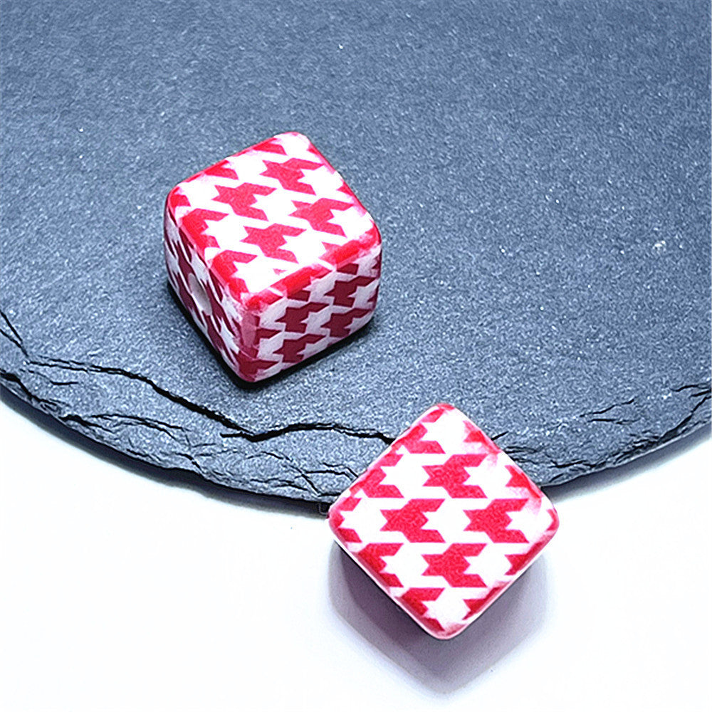 Creative 14mm Acrylic Houndstooth Printing Square Beads-25PCS