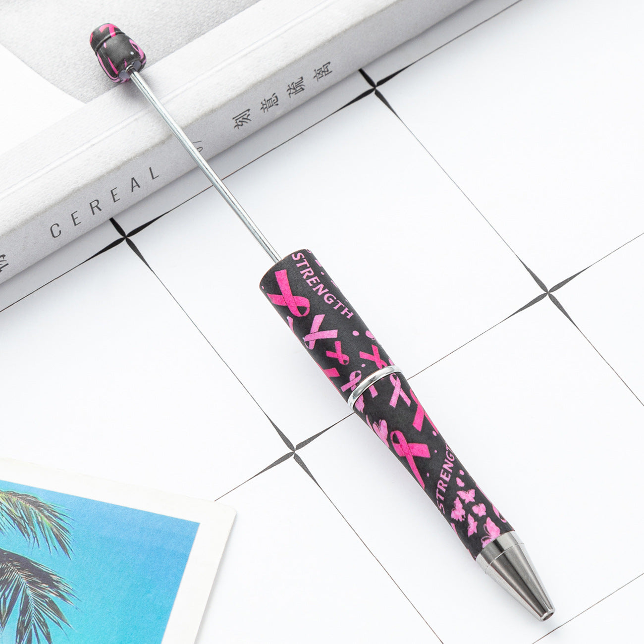 Beadable Pens Pink Ribbons Print Plastic Pen -5PCS