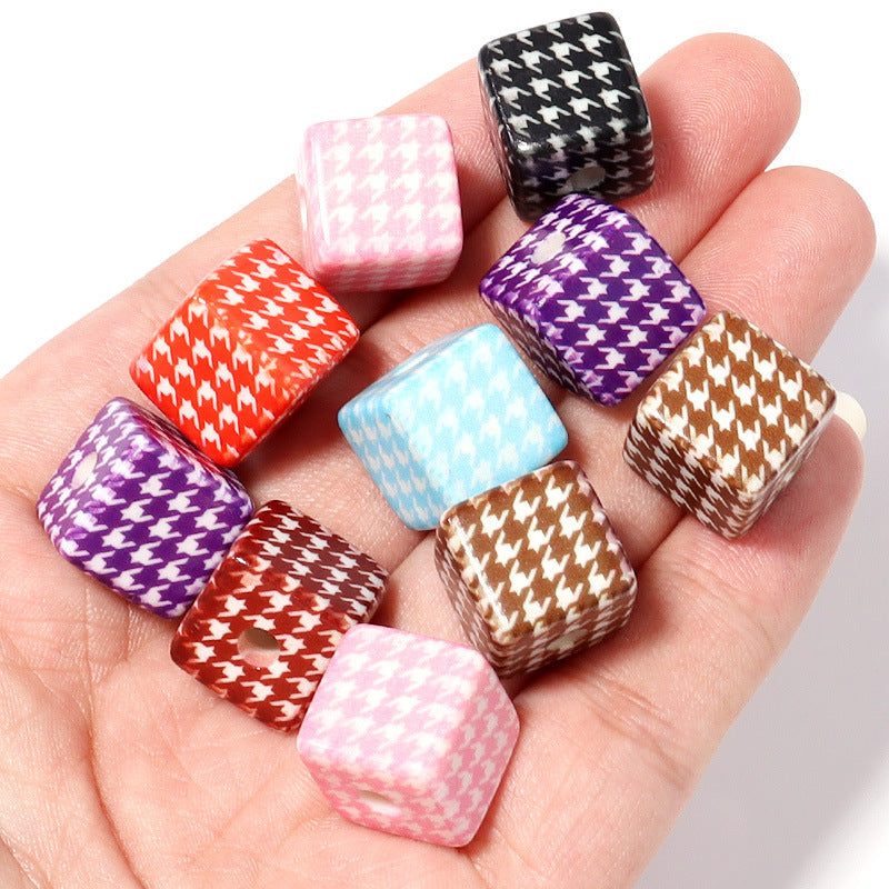 Creative 14mm Acrylic Houndstooth Printing Square Beads-25PCS