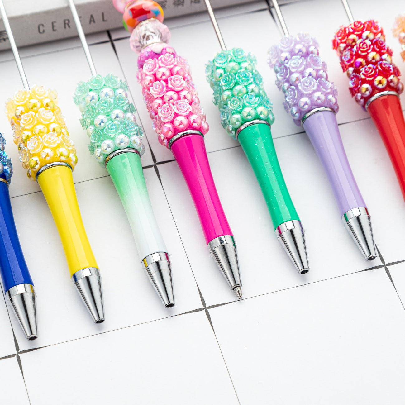 Creative Beadable Pens Rose Flower Handmade Stickers Multi-color Rotating Ballpoint Pens-1PCS