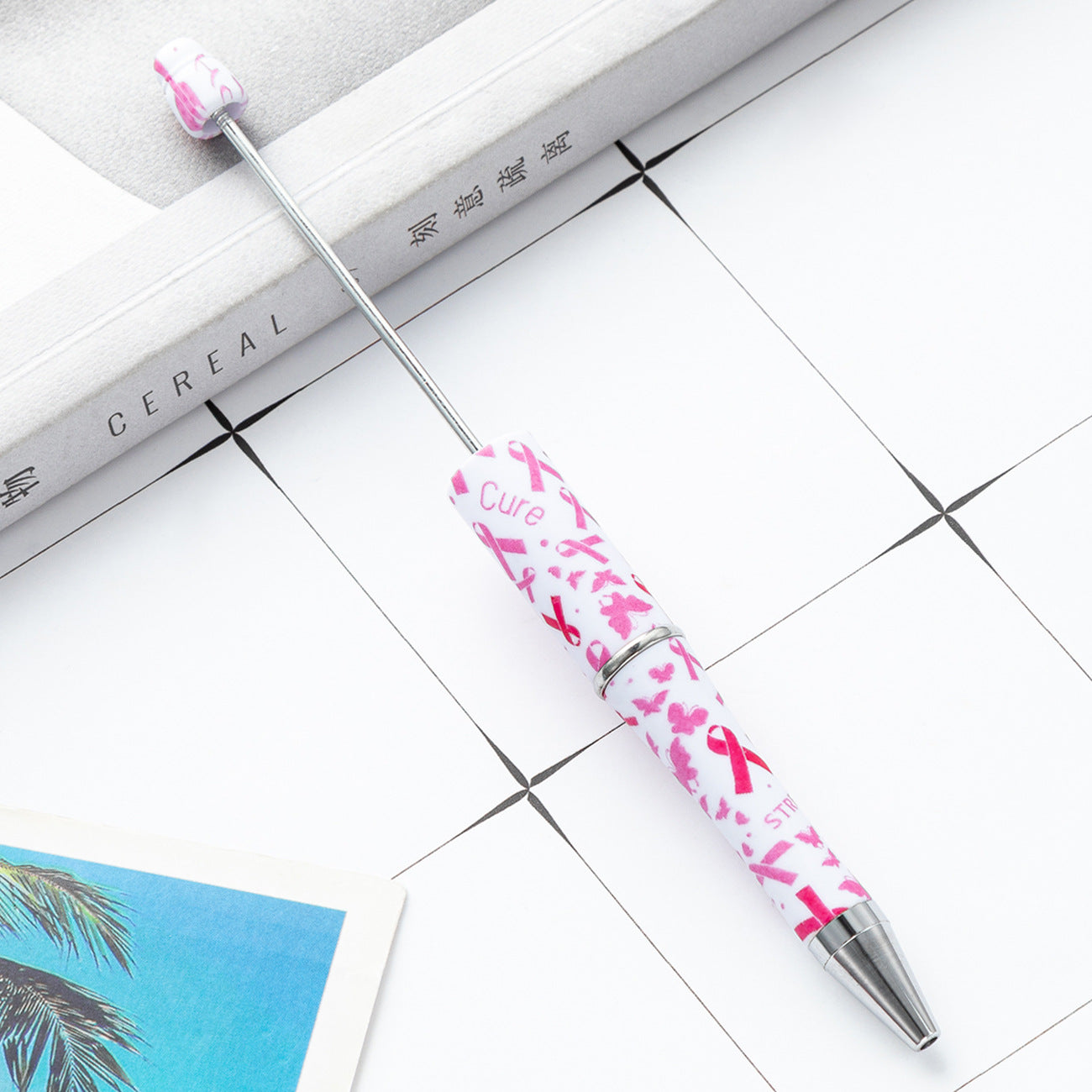 Beadable Pens Pink Ribbons Print Plastic Pen -5PCS