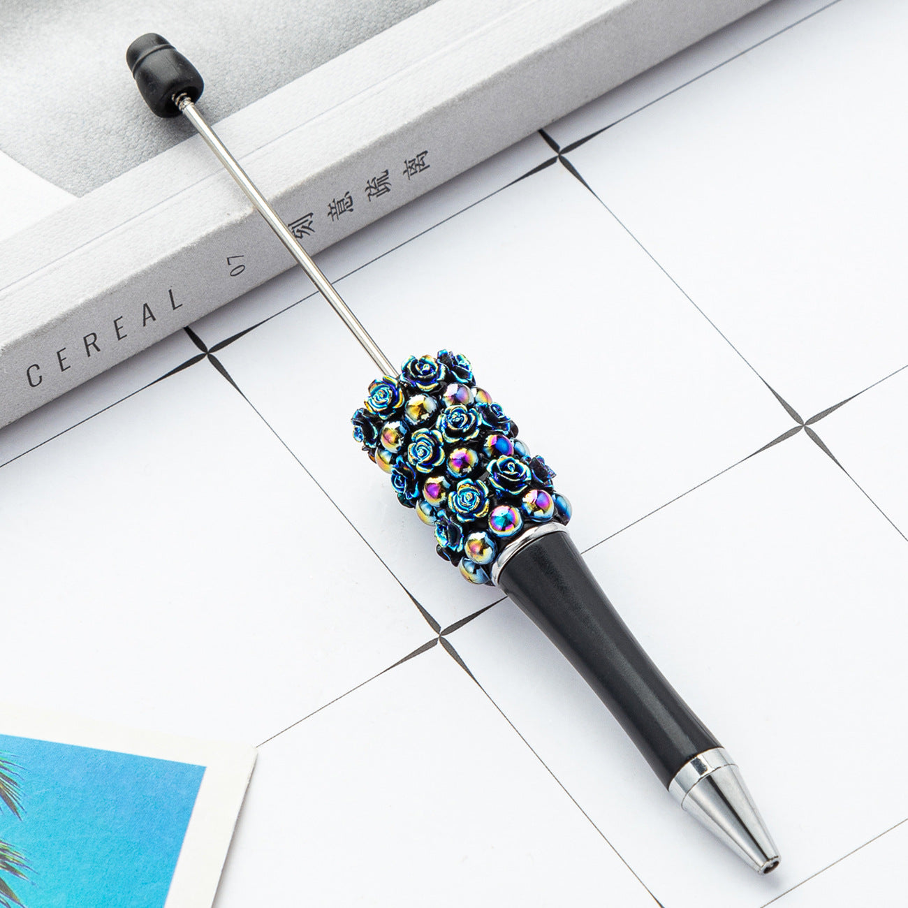 Creative Beadable Pens Rose Flower Handmade Stickers Multi-color Rotating Ballpoint Pens-1PCS