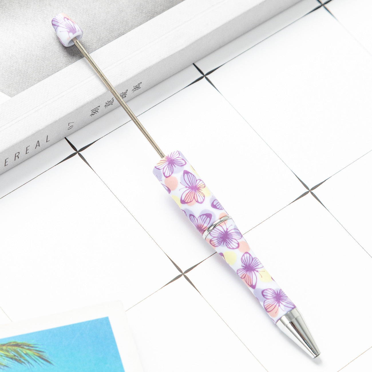 Creative Beadable Pens Floral Butterfly Plastic Pen DIY for Beaded-2PCS