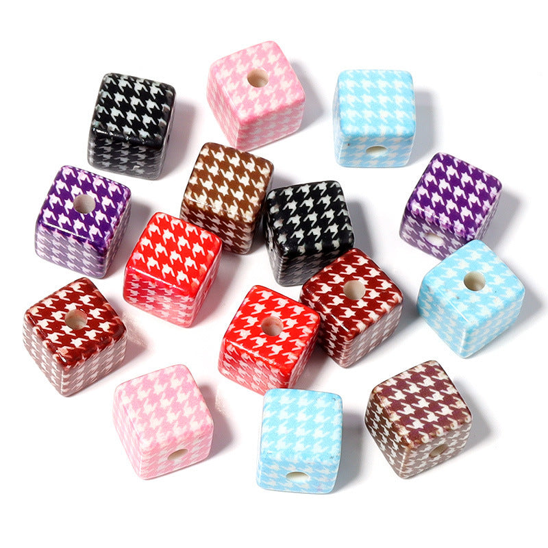 Creative 14mm Acrylic Houndstooth Printing Square Beads-25PCS