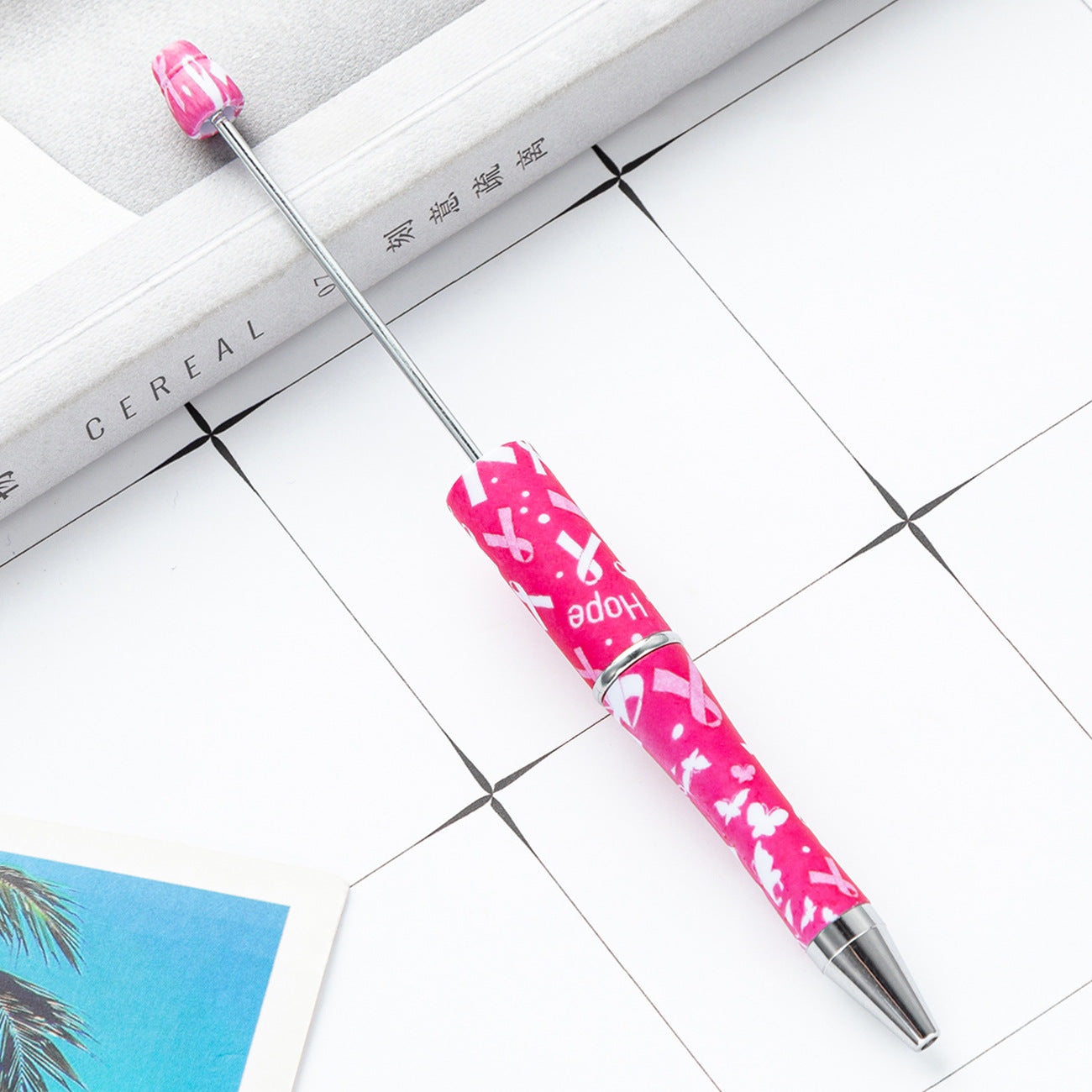 Beadable Pens Pink Ribbons Print Plastic Pen -5PCS