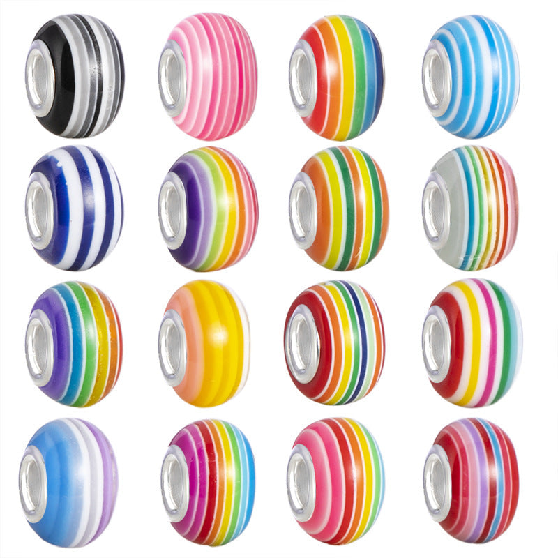 14mm Rainbow Stripe Large Hole Resin Beads-100PCS