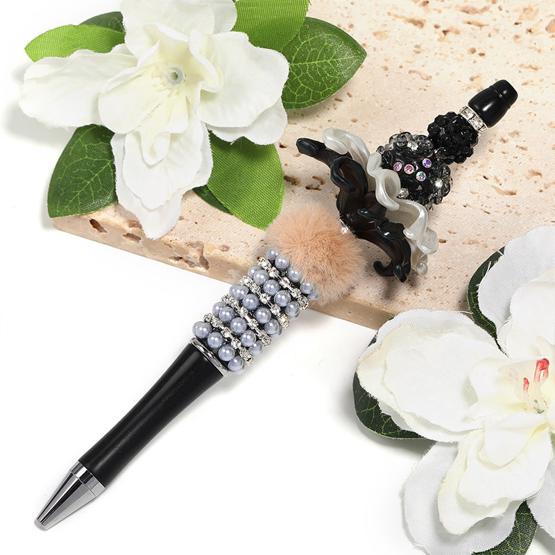 Creative Beadable Pen with Multicolor Pearls and Rhinestone Chains Plastic Rotating Ballpoint Pen-5PCS