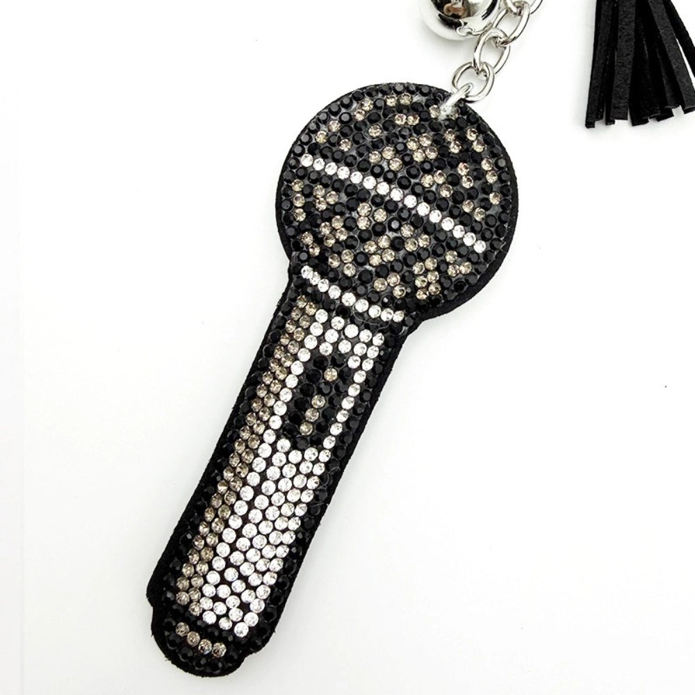 Black and clear rhinestone crystal beaded microphone shaped keychain charm with black tassel and silver chain