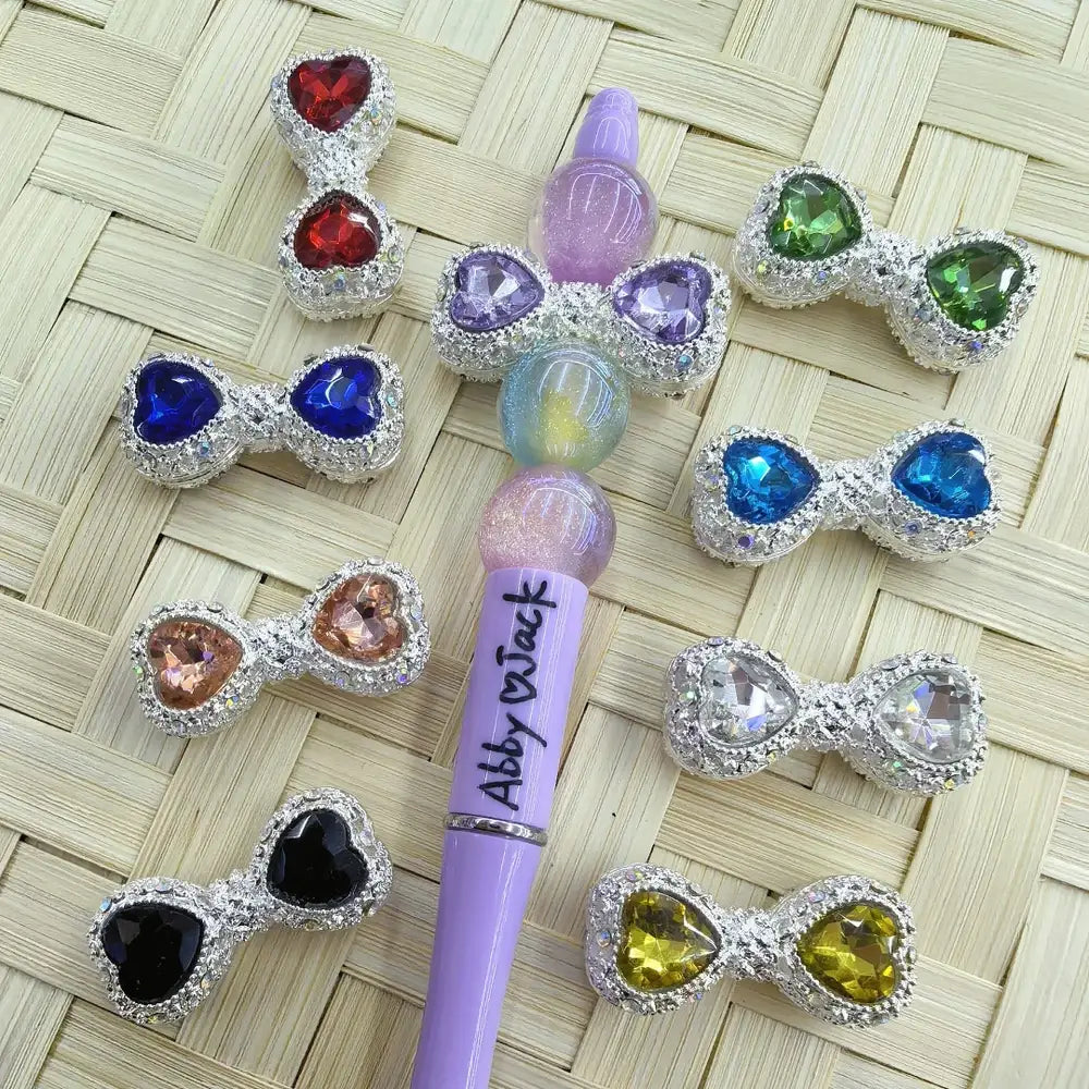 Bowtie with Heart Rhinestones Silver Metal Beads