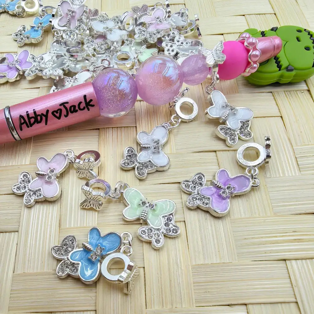 Butterfly Rhinestone Dangle Charm Pendant Butterfly Silver Metal Bail Beads
