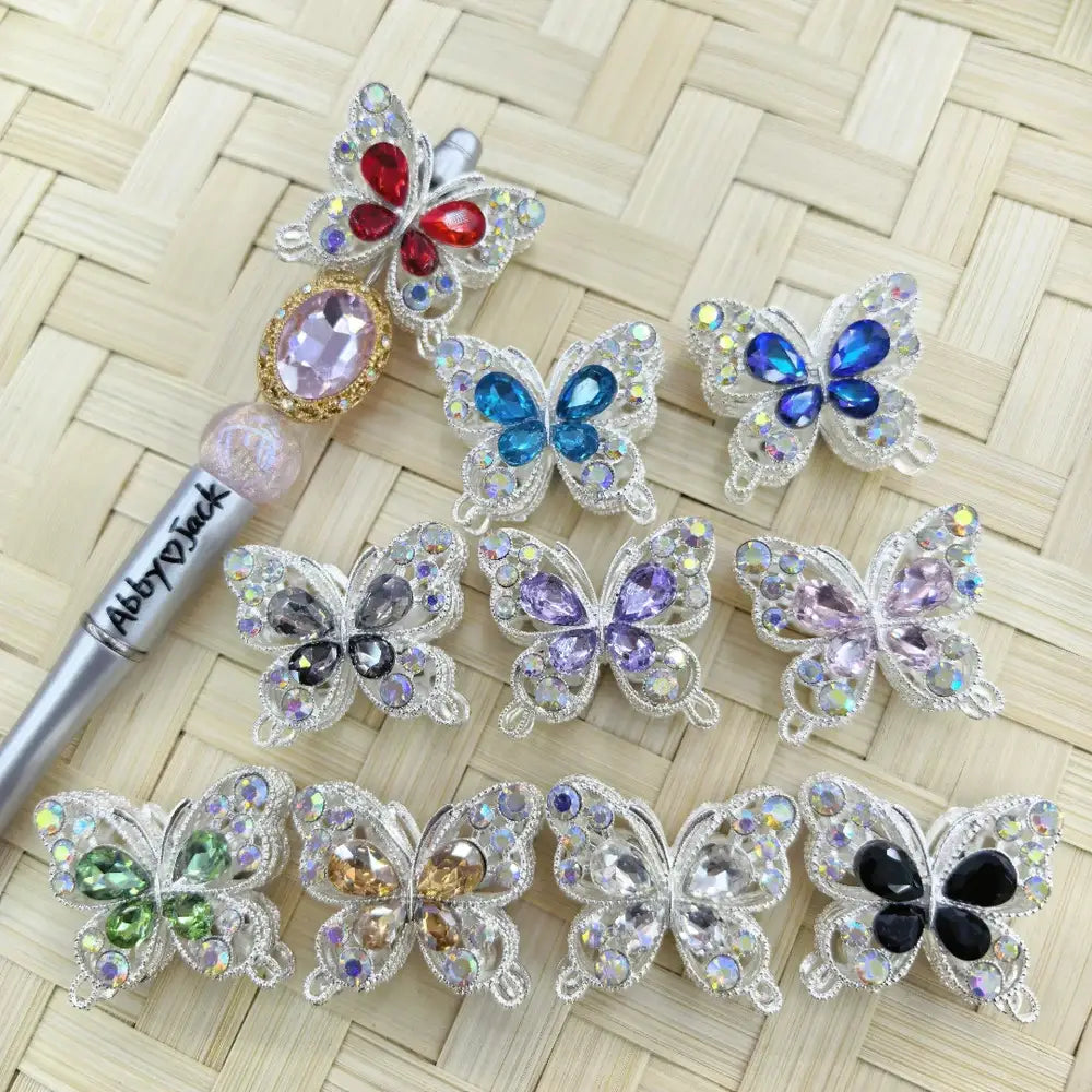 Butterfly with Rhinestones Silver Metal Beads