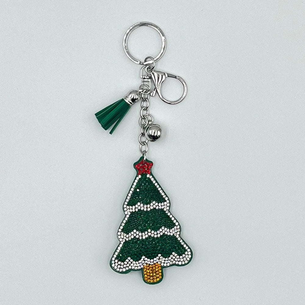 Set of 6 Christmas diamond painting keychains featuring Santa Claus, reindeer, Christmas tree, star, jingle bells, and mitten designs with tassels and jingle bell charms on silver and gold rings. - Christmas Tree