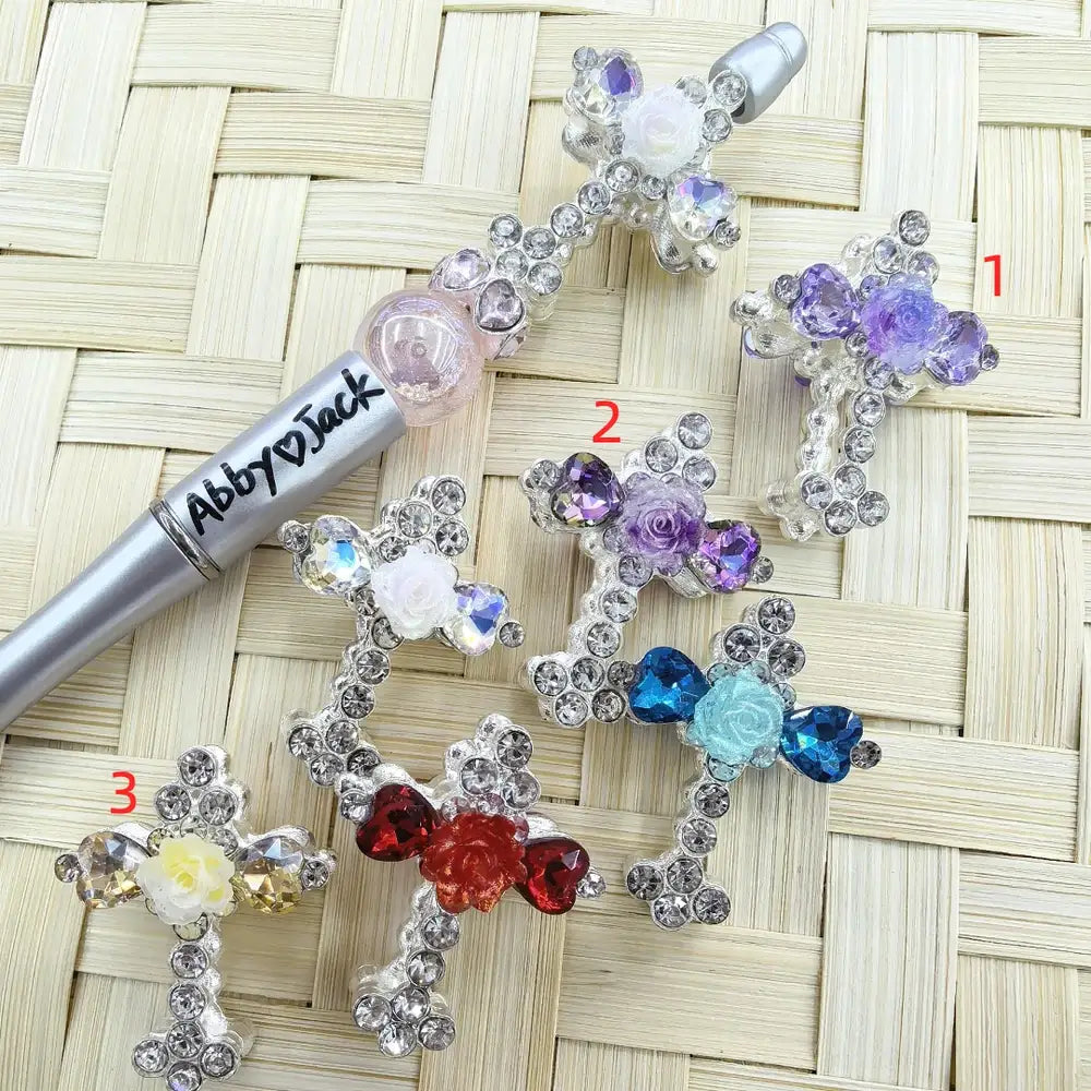 Cross with Roses and Heart Rhinestones Metal Beads