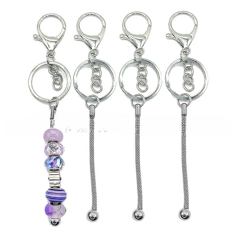 Creative DIY Beaded Metal Stainless Steel Round Mesh Chain Keychain-2PCS