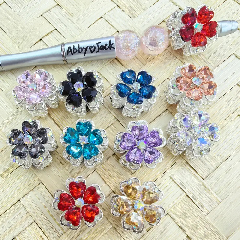 Flower with Heart Rhinestones Silver Metal Beads