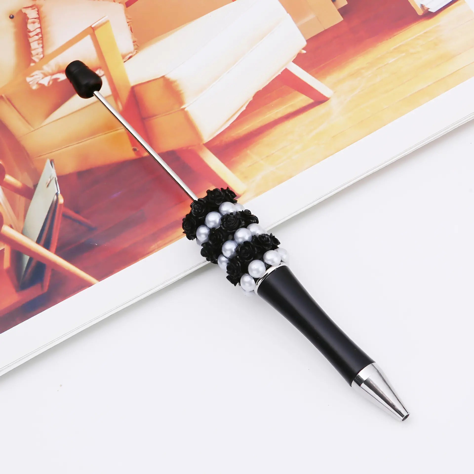 Creative DIY Beadable Pen with Small Rose Flowers and Pearls