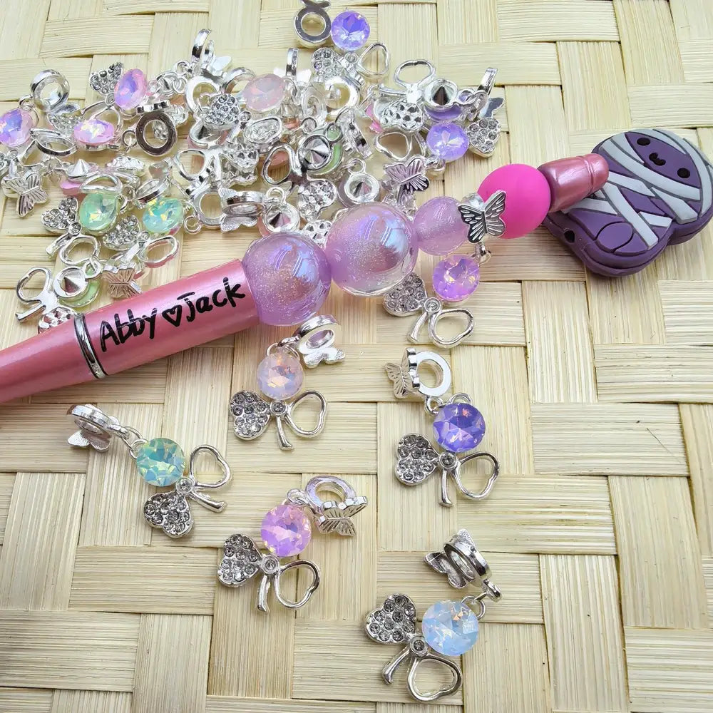 Heart Leave Rhinestone Dangle Charm Pendant Butterfly Silver Metal Bail Beads