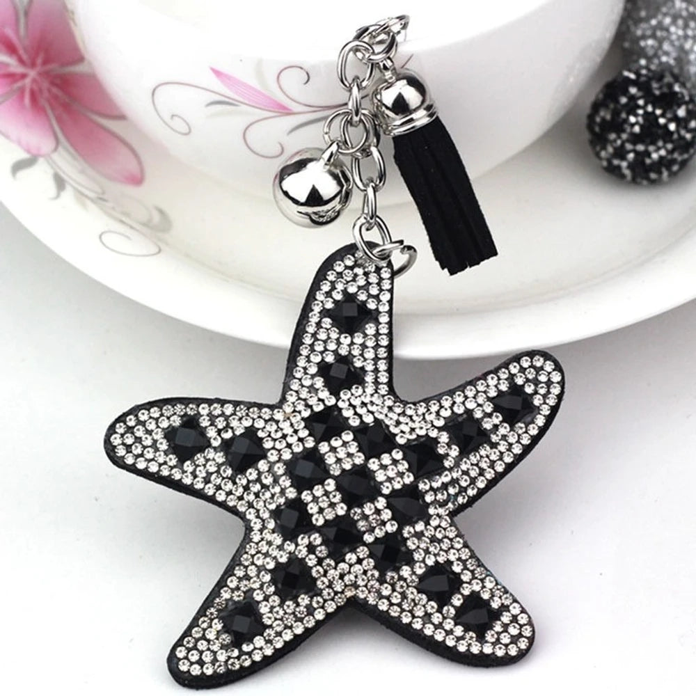 Assorted large rhinestone starfish faux leather fancy beads in black, red, silver, purple, pink, aqua, blue, and white. - Black