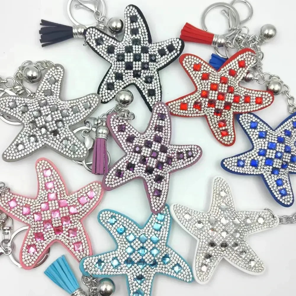 Assorted large rhinestone starfish faux leather fancy beads in black, red, silver, purple, pink, aqua, blue, and white. - Random Mixed