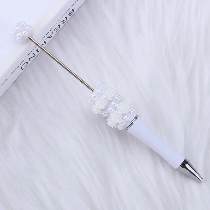 Pretty DIY Beadable Pen with Rose Flowers and Pearls in Solid Colors