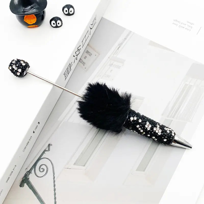 Cute Pom Pom Beadable Pens with Rhinestones Covered the Entire Ballpoint Pen