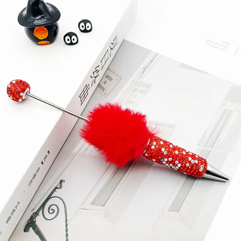 Cute Pom Pom Beadable Pens with Rhinestones Covered the Entire Ballpoint Pen