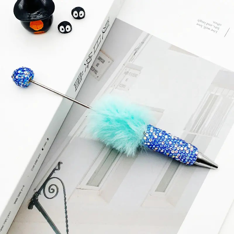 Cute Pom Pom Beadable Pens with Rhinestones Covered the Entire Ballpoint Pen