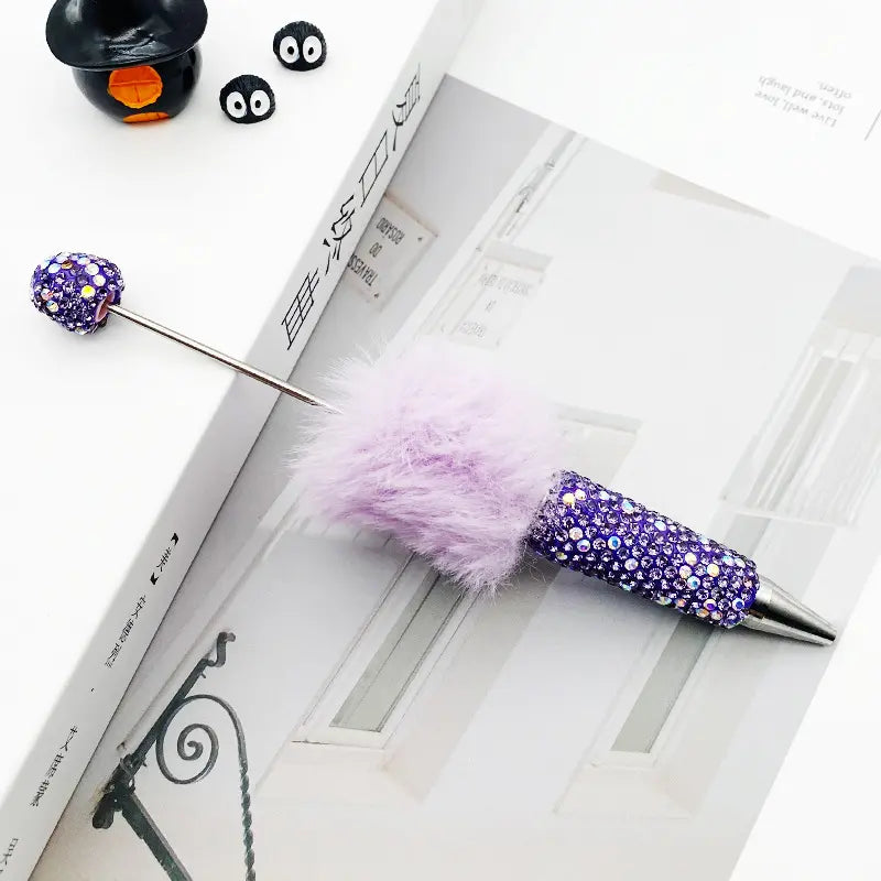 Cute Pom Pom Beadable Pens with Rhinestones Covered the Entire Ballpoint Pen