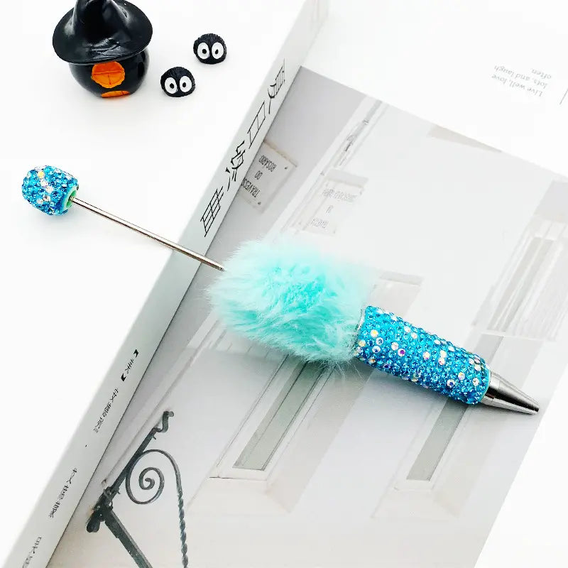 Cute Pom Pom Beadable Pens with Rhinestones Covered the Entire Ballpoint Pen