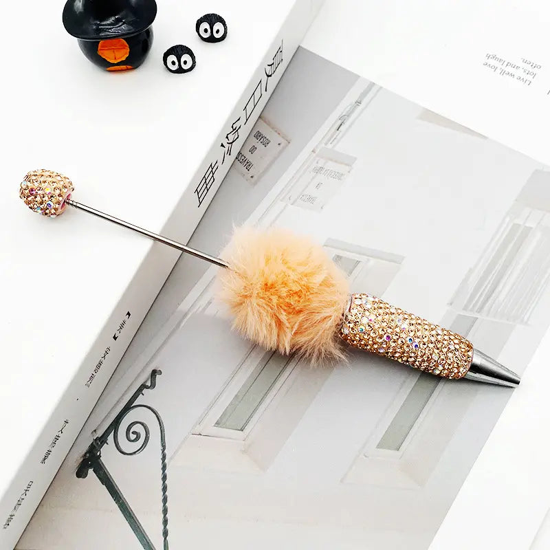 Cute Pom Pom Beadable Pens with Rhinestones Covered the Entire Ballpoint Pen