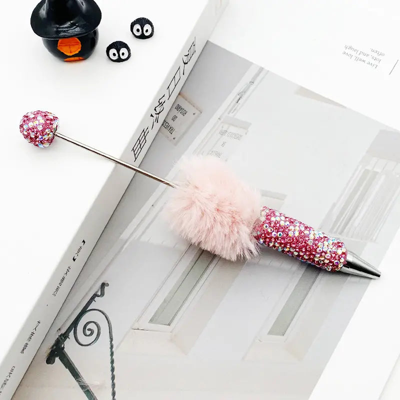 Cute Pom Pom Beadable Pens with Rhinestones Covered the Entire Ballpoint Pen