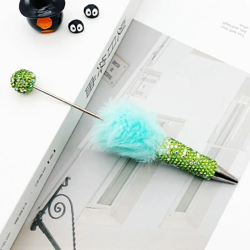 Cute Pom Pom Beadable Pens with Rhinestones Covered the Entire Ballpoint Pen