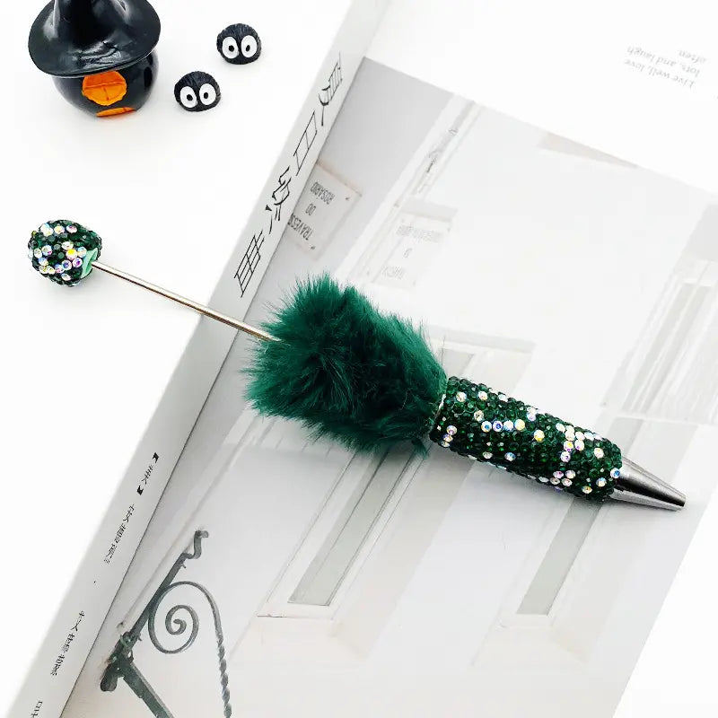 Cute Pom Pom Beadable Pens with Rhinestones Covered the Entire Ballpoint Pen
