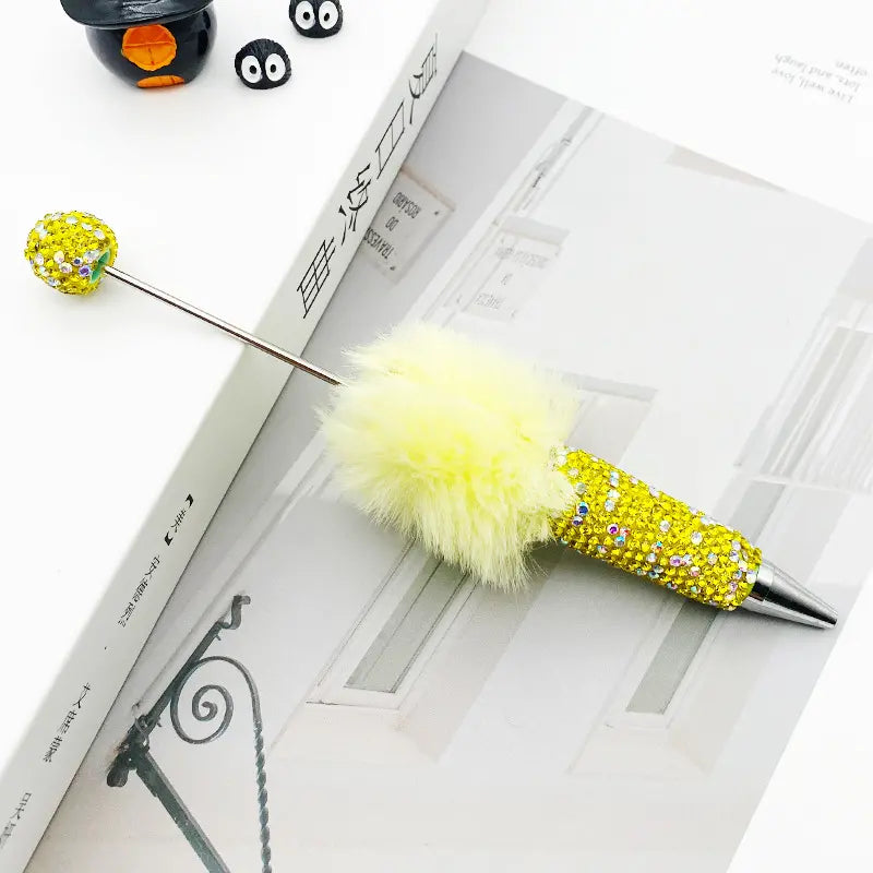 Cute Pom Pom Beadable Pens with Rhinestones Covered the Entire Ballpoint Pen